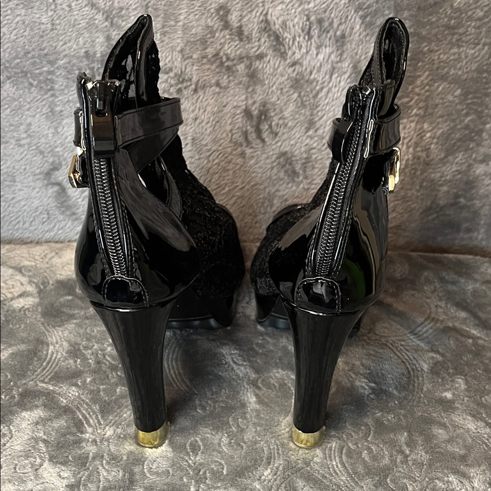 Size 10 Women's Black Lace Peep-Toe High Heel Booties with Gold Heel Accent - Picture 2 of 4